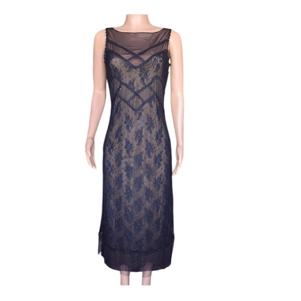 Vtg McClintock Collections Black Lace Mesh Overlay Maxi Dress Tan‎ Lining NWT 10
